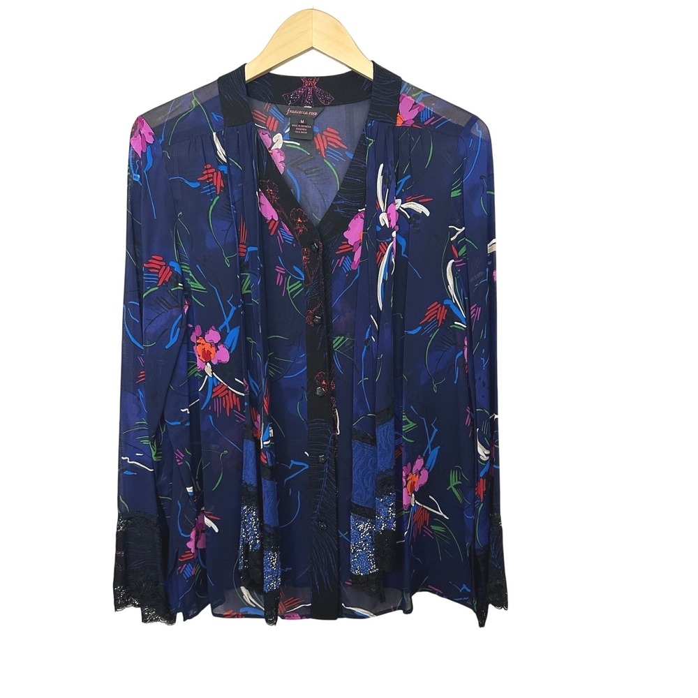 Francesca Rose Peasant Blouse Women's Medium Floral Button Up Lace Semi Sheer